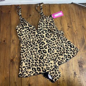 Betsey Johnson one piece swim dress leopard love print size large